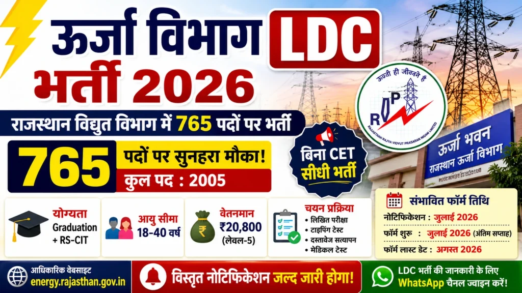 Urja Vibhag LDC Vacancy 2026: राजस्थान विद्युत विभाग में LDC के 765 पदों पर भर्ती, बिना CET मिलेगा मौका